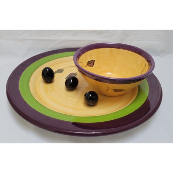 Vintage Cali Ceramic Pottery Serving Plate w/ Attached Bowl  - Olive Design - 1B - Picture 3 of 14